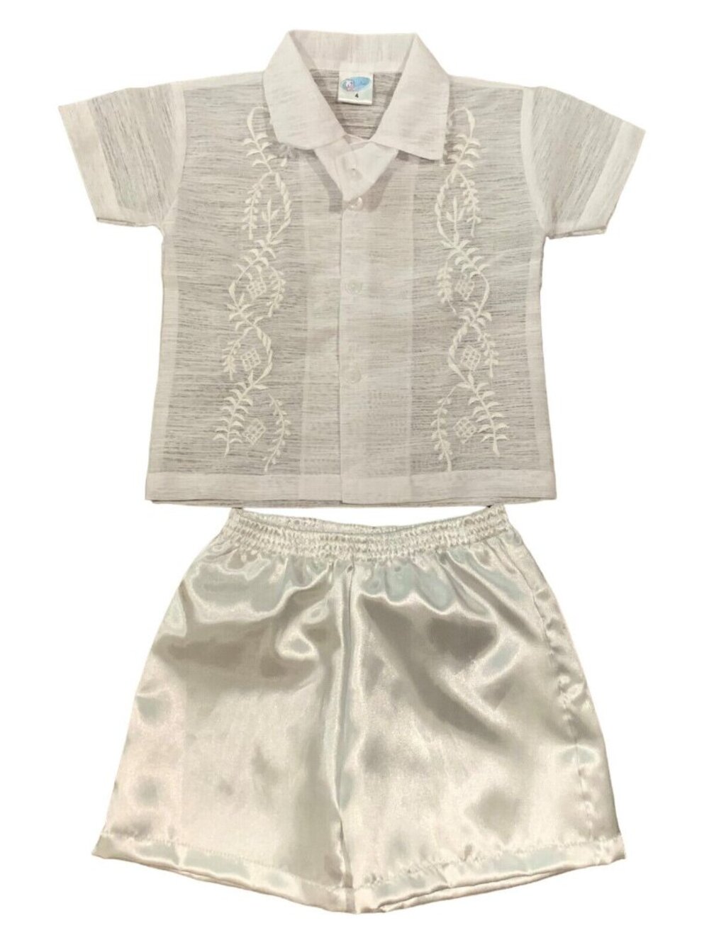 Lullet White Button-Up Shirt Satin Shorts Set Boys Size 4 Wedding Sheer Summer